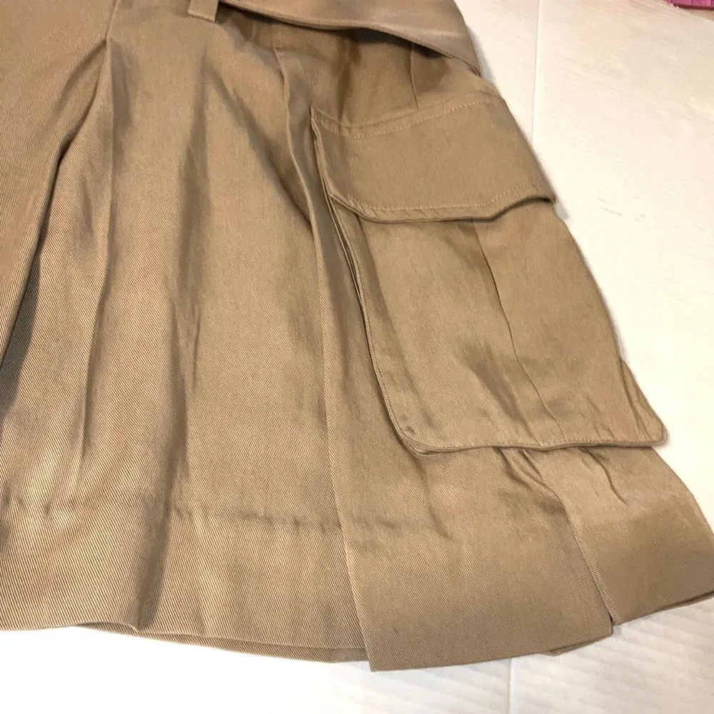 REFORMATION Brinley Belted Pleated Cargo Skirt Khaki Belt Pockets Zipper Size 12